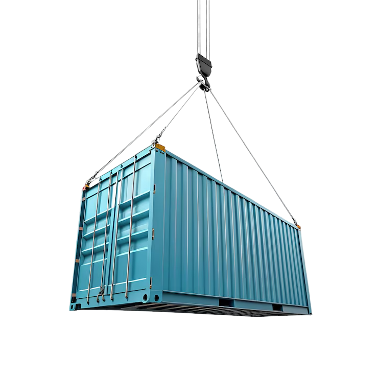 Shipping container suspended from a crane