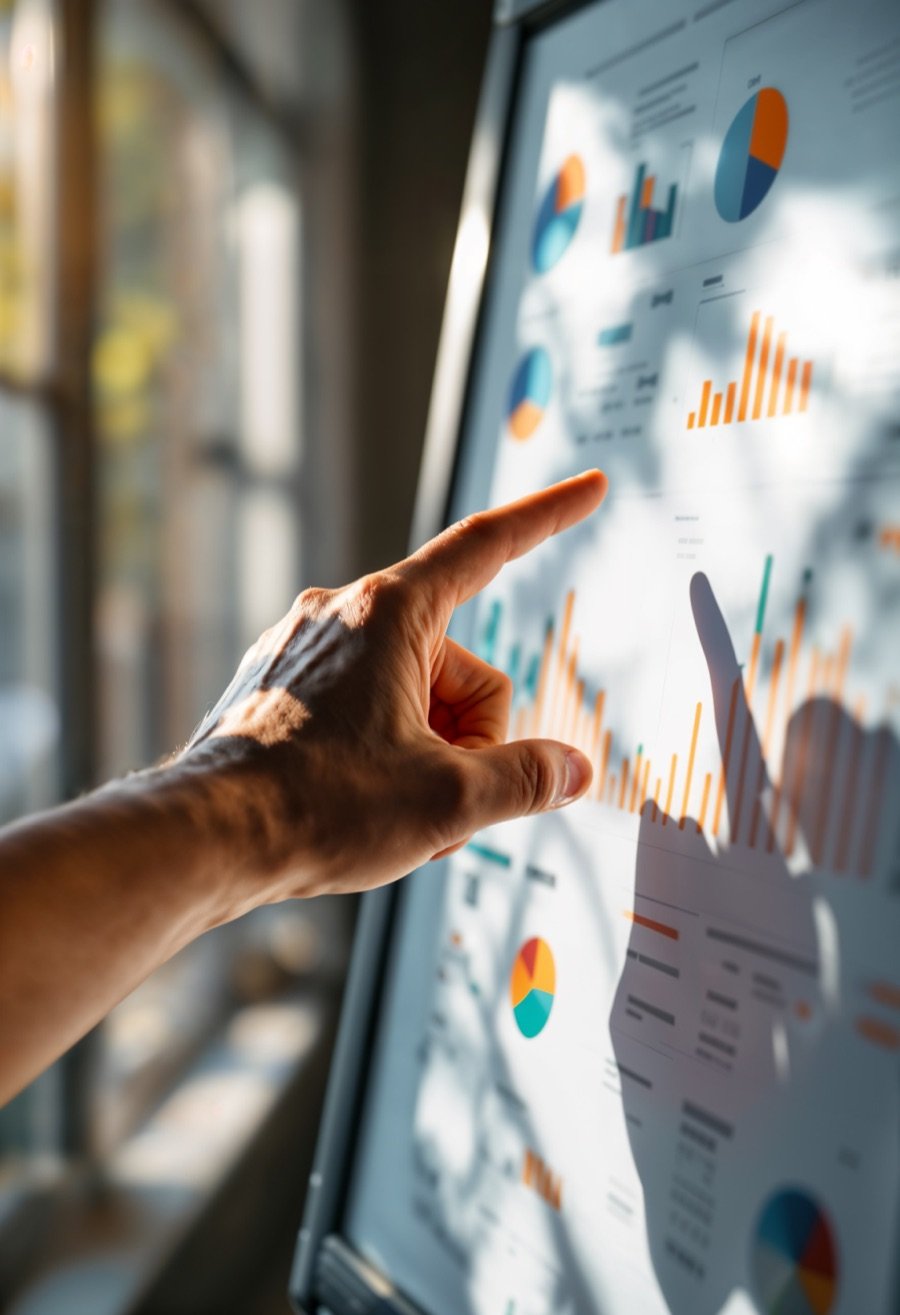 Hand interacting with a digital marketing dashboard